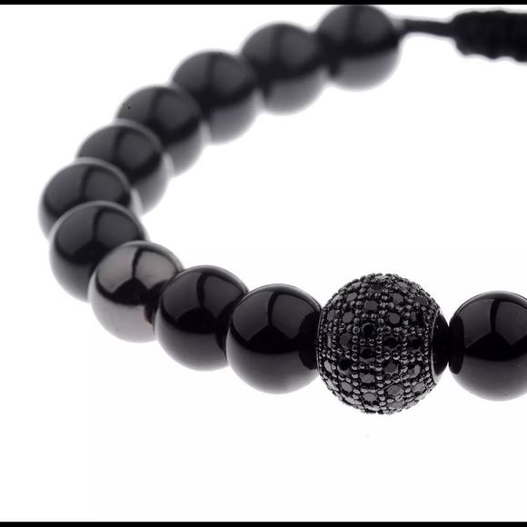 Men’s Black Beaded Bracelet With Black CZ - Picture 3 of 6